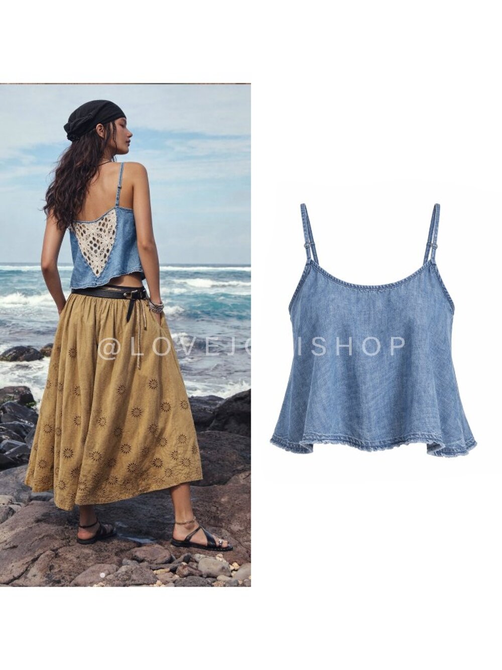 Free People Denim Blue Crochet-Back Tank Top